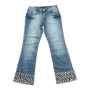 Rocawear Y2K Flare Jeans Women’s 11 Blue Studded Zebra Cuff Low Rise